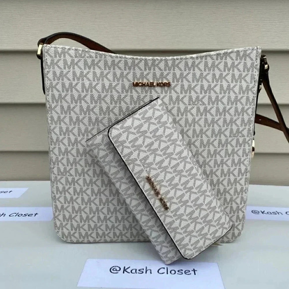 Michael Kors MK Large Messenger Crossbody Bag & Trifold Wallet Bundle-Vanilla